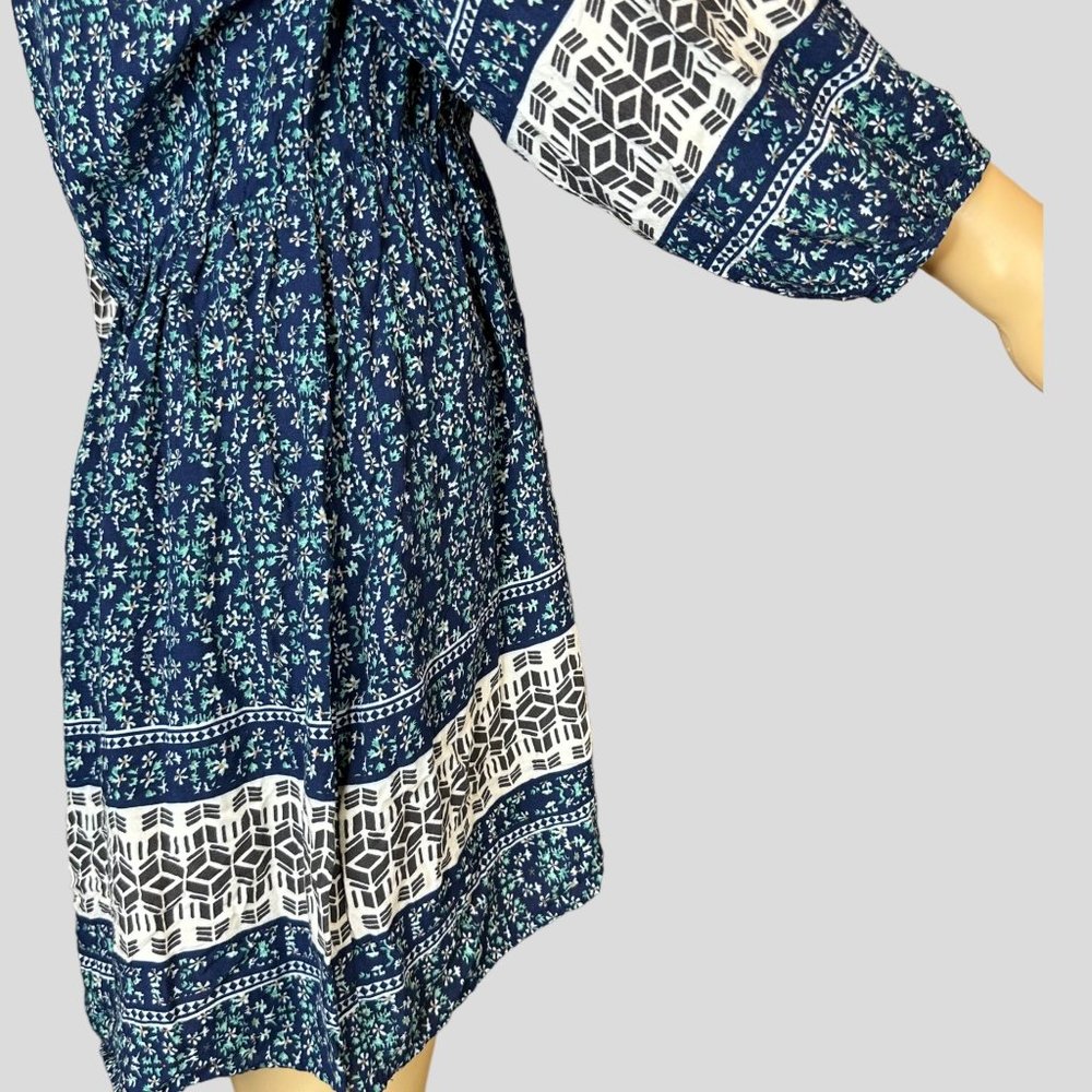 Addie Bohemian Mini Dress Medium Blue Green Floral 3/4 Sleeves Elastic Waist - Picture 9 of 13